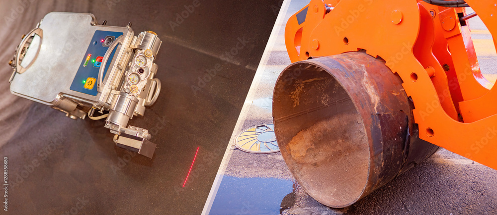 Poster robot checks pipe from inside. pipeline maintenance equipment. laser robot analyzes quality of pipe.