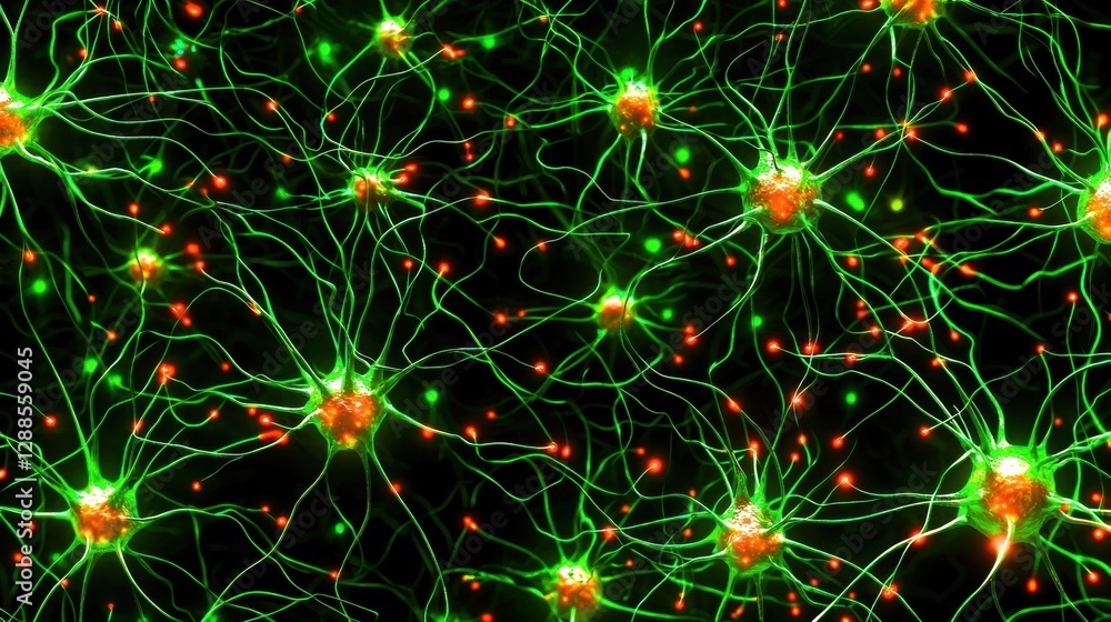 Aufkleber neural network showing vibrant green and red nodes, symbolizing interconnections and intelligence.