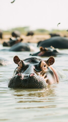 Fototapeta premium Hippos relaxing in a shallow African river, half-submerged in the cool water