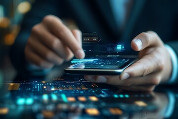 Person using a smartphone with futuristic holographic interface