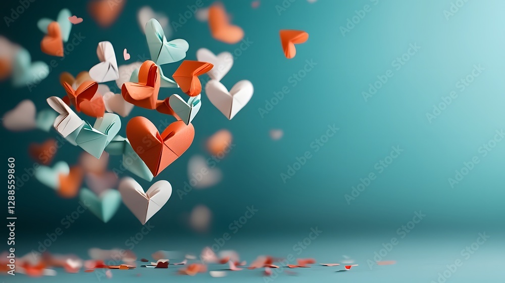 Poster delicate floating paper hearts drifting gently in a soft vintage inspired wind with an open middle s