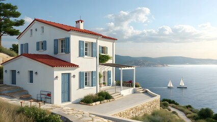 Fototapeta premium A modern house in the Mediterranean style on the coast, representing luxury and relaxation
