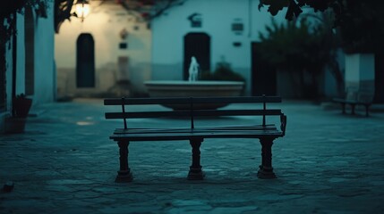 Empty bench, Spanish courtyard, fountain, night, calm