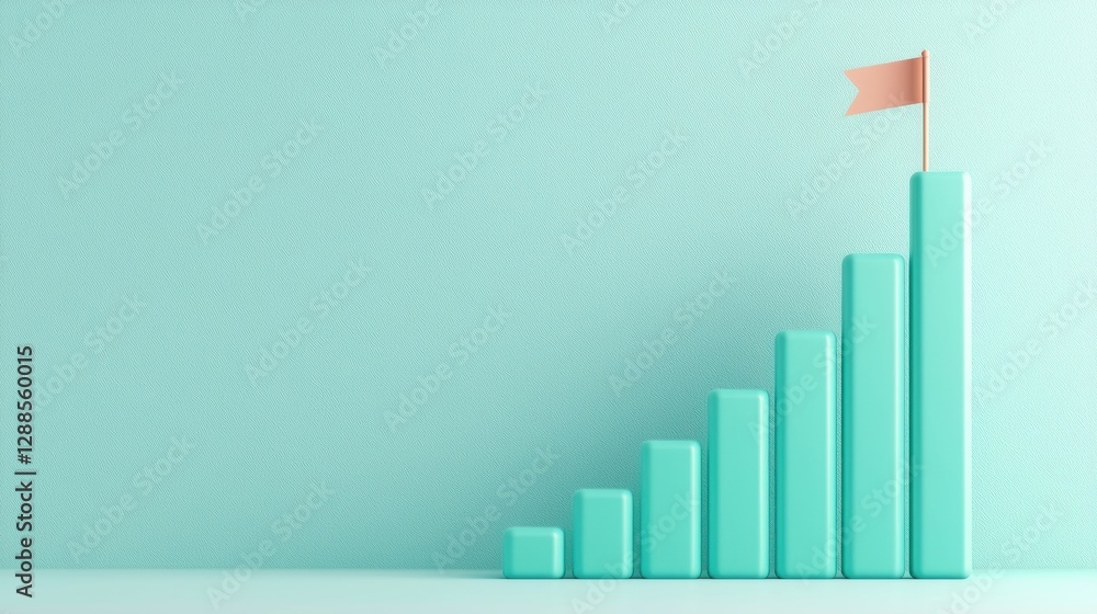 Poster blue bars chart showing growth and progress with a flag on top
