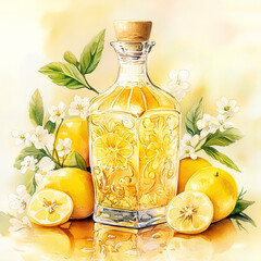 Watercolor illustration of a vintage Sicilian limoncello bottle with intricate hand-painted patterns, fresh lemons and lemon blossoms surrounding it, elegant glass reflections, soft golden glow