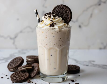 A creamy milkshake in a glass cup, topped with whipped cream and an cookie, sits on a marble countertop with scattered cookies around it