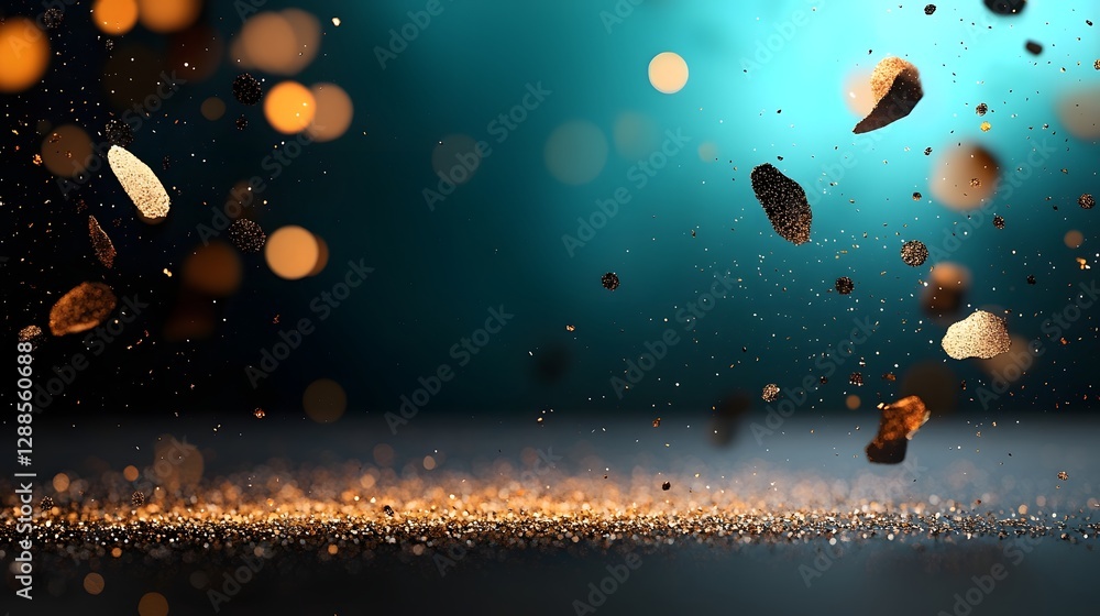 Poster delicate glitter dust particles floating gracefully against a mysterious dark and luxurious atmosphe