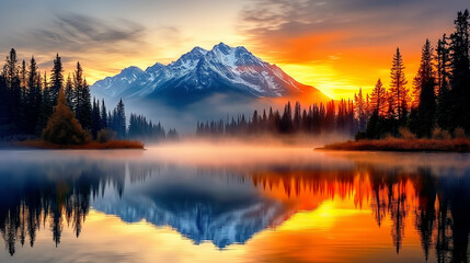 Fototapeta premium Majestic mountain landscape with glowing sunset and perfect water reflection creating a breathtaking and peaceful natural scenery