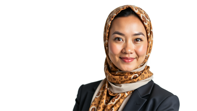 Smiling Indonesian woman in hijab portrait, isolated on transparent background. Professional headshot with soft studio lighting, perfect for business, corporate, diversity, inclusion,