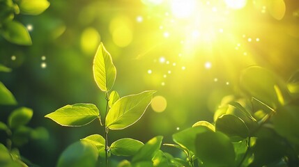 Green leaves basking in bright sunlight with bokeh effects
