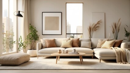 Fototapeta premium A contemporary living room featuring a minimalist brown sofa with two cushions and a plaid throw blanket draped over one arm.