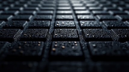 Close-up view of a textured black pavement with water droplets, showcasing urban design and aesthetics