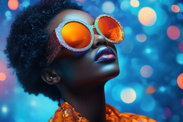 Stylish African woman wearing bold, orange sunglasses against a vibrant bokeh background.