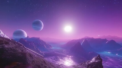 Alien planet sunrise, dual moons, purple sky, mountains, fantasy landscape