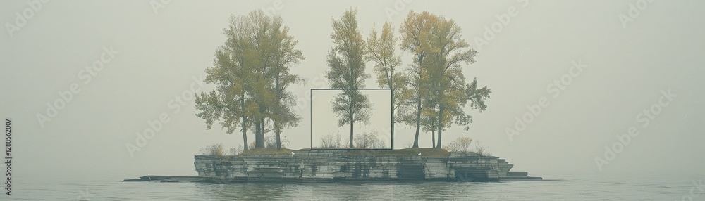 Poster a serene, misty landscape featuring a small island with a cluster of trees, creating a tranquil and 