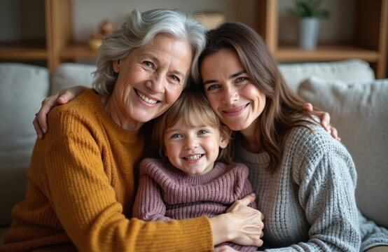 Three generations of women smiling, embracing on sofa. Grandmother, mother, child hug in warm portrait. Happy family, mom, daughter and granddaughter on Mothers Day at home.