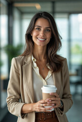 Smiling woman in a beige blazer and white shirt holding a coffee cup in a modern office.
