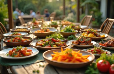 Obraz premium Farm-to-table dining table with fresh vegetable salads. Organic, seasonal meals served outdoors. Rustic wooden tableware with healthy dishes, herbs. Culinary feast with local ingredients promotes