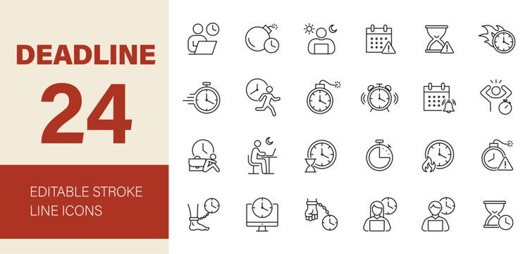 Deadline line Editable Icon set. Time related icons: workaholic, calendar, clock, alarm, work, stress and more. Vector illustration for pictograms and infographics for mobile apps.