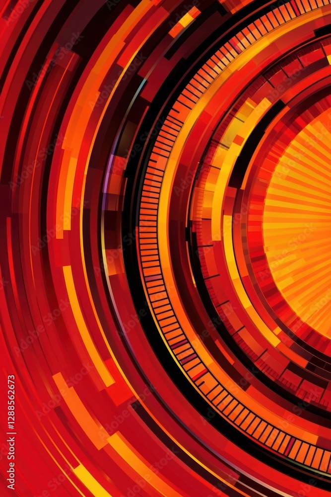 Poster modern abstract design in red and orange hues with geometric patterns.