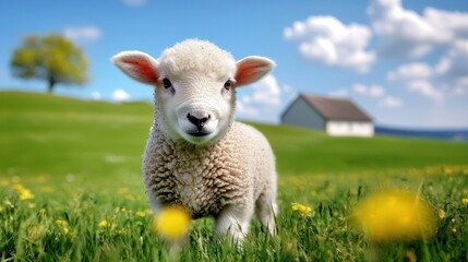 Fototapeta premium lamb grazes in lush green field, peaceful scene with sunny sky.