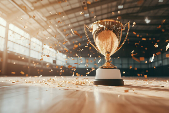 Close-up of a championship cup in an empty arena, symbolizing determination, success, and the road to victory.
