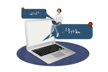 Sketch image composite trend artwork 3D photo collage of young attractive lady sit on huge laptop have conversation app social network