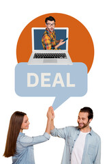 Composite collage of man woman give high five success converstion mind cloud surprised geek hold...