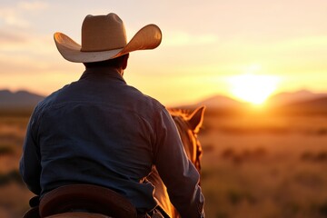 A lone cowboy, silhouetted against a stunning sunset, creates a serene image of freedom and peace in a vast Western landscape.