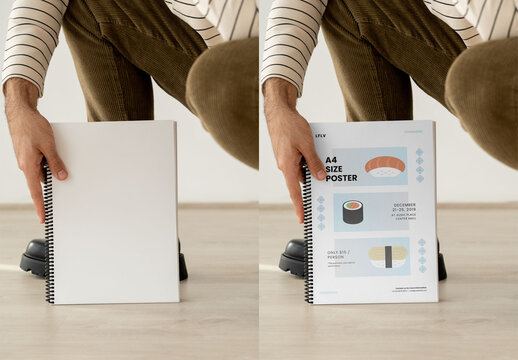 Mockup Of Man Crouching With A4 Customized Magazine