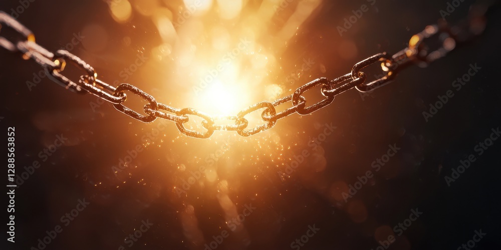 Poster a glowing chain illuminated by a bright light source, creating a striking contrast between the metal