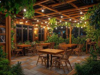 Fototapeta premium Enchanting Outdoor Restaurant Patio at Night with String Lights and Lush Greenery