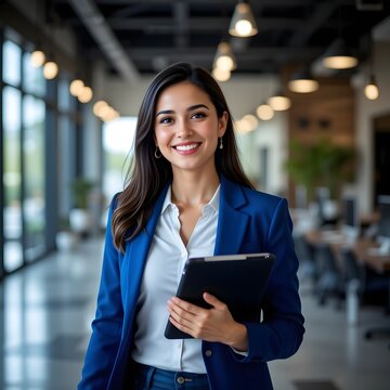 Una mujer hispana con un blazer azul camina por una oficina de concepto abierto, sosteniendo una tableta y sonriendo