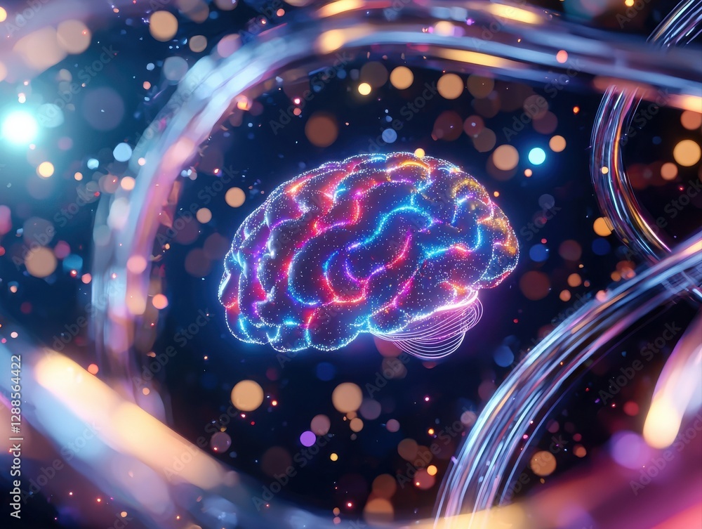 Poster a vibrant digital representation of a brain, surrounded by glowing patterns and lights, symbolizing 