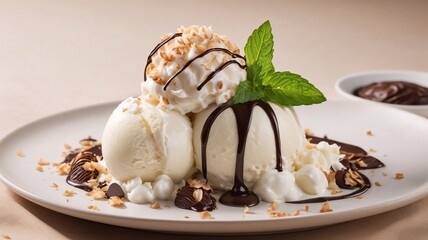  Vanilla ice cream scoops with chocolate drizzle and nuts