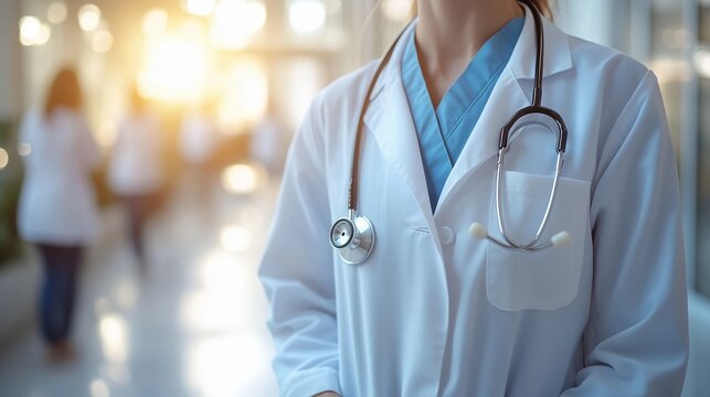 Closeup cropped female doctor wearing professional attire with stethoscope around her neck in a modern hospital. Healthcare, hospital, clinic, medical centre poster, banner.  World Health Day