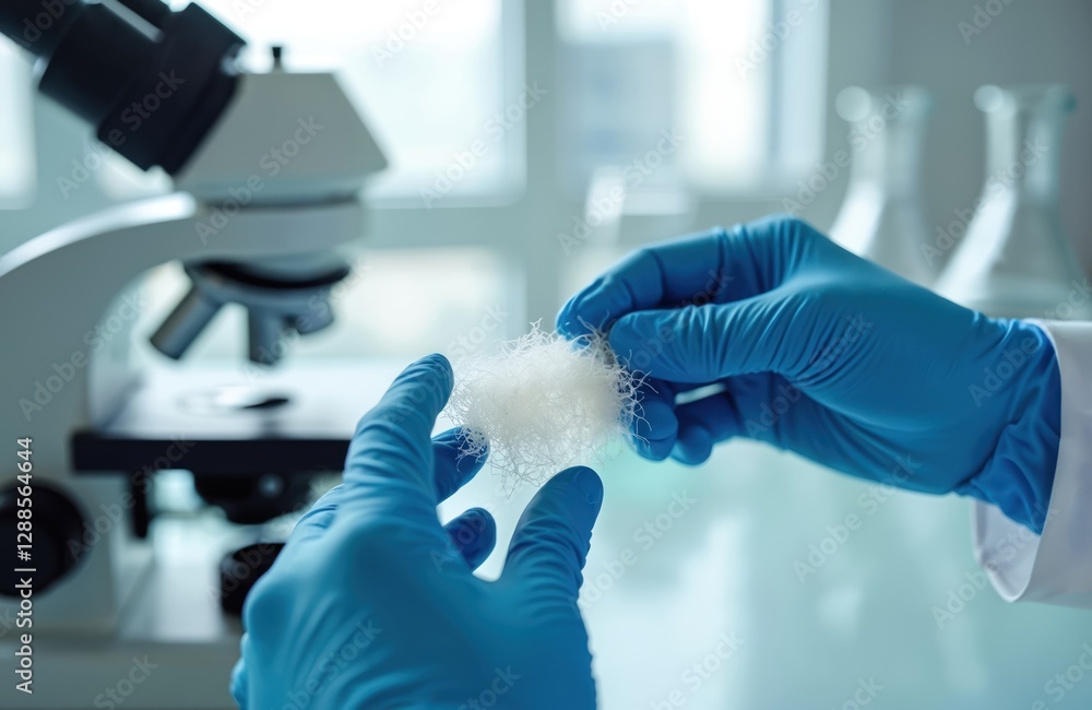 Poster hands in gloves holds fiber sample for analysis. microscope, beakers in lab. scientist researches ma