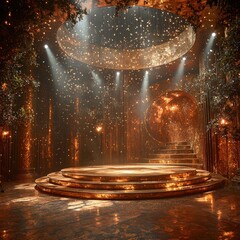 Glowing stage with steps under spotlights in decorated, ethereal space