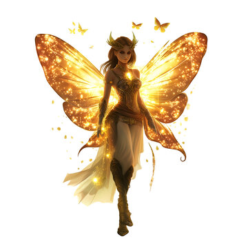 A Celtic fairy with glowing wings, Isolated on transparent or white background cut out, Mythological Creatures and Folklore clip art concept