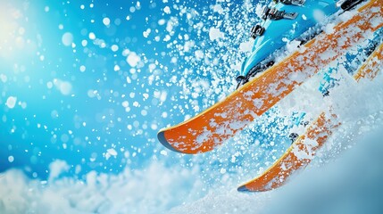 A close-up of ski tips splashing through snow, showcasing a dynamic winter sports scene against a vibrant blue background.