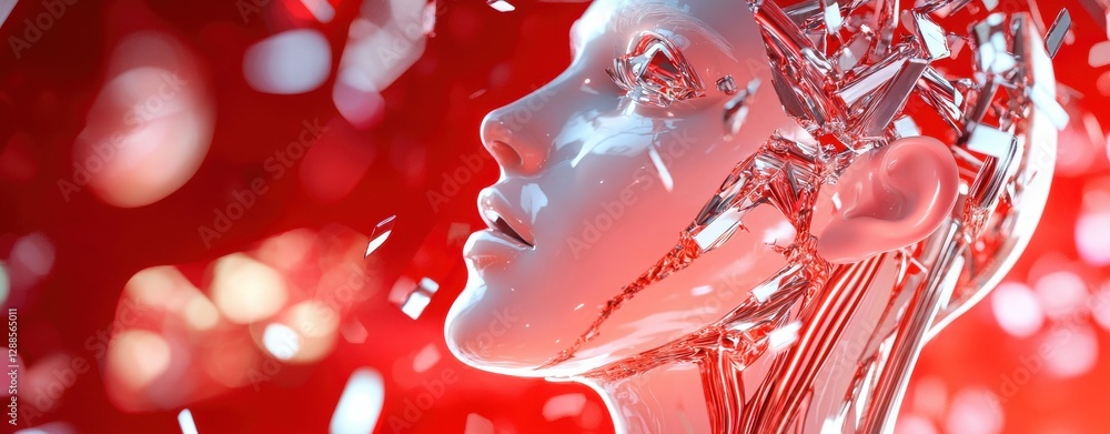 Poster a futuristic robotic head with transparent features and intricate circuitry, set against a vivid red