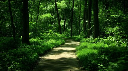Fototapeta premium Serene Pathway Through a Lush Green Forest Under Sunlight in Nature