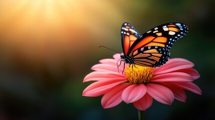 Fototapeta premium Butterfly landing on pink flower nature scene close-up view vibrant colors serene environment for nature lovers