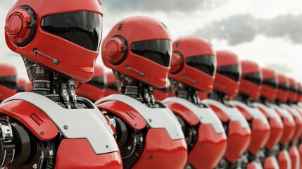 Fototapeta premium Row of futuristic robots with red accents against a cloudy sky.