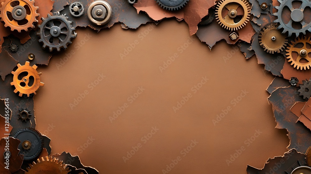 Poster detailed steampunk inspired mechanical gears cogs and antique brass structures framing a parchment t
