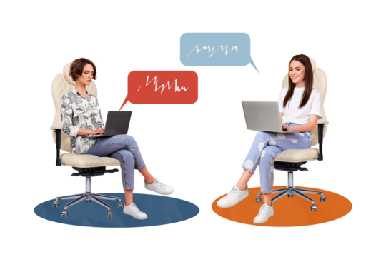Creative collage image of two businesswomen working together startup project communicate speech bubble unusual fantasy billboard comics