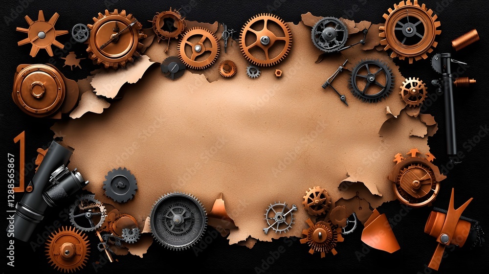 Poster detailed view of intricate steampunk inspired gears cogs and antiqued brass clockwork mechanisms arr