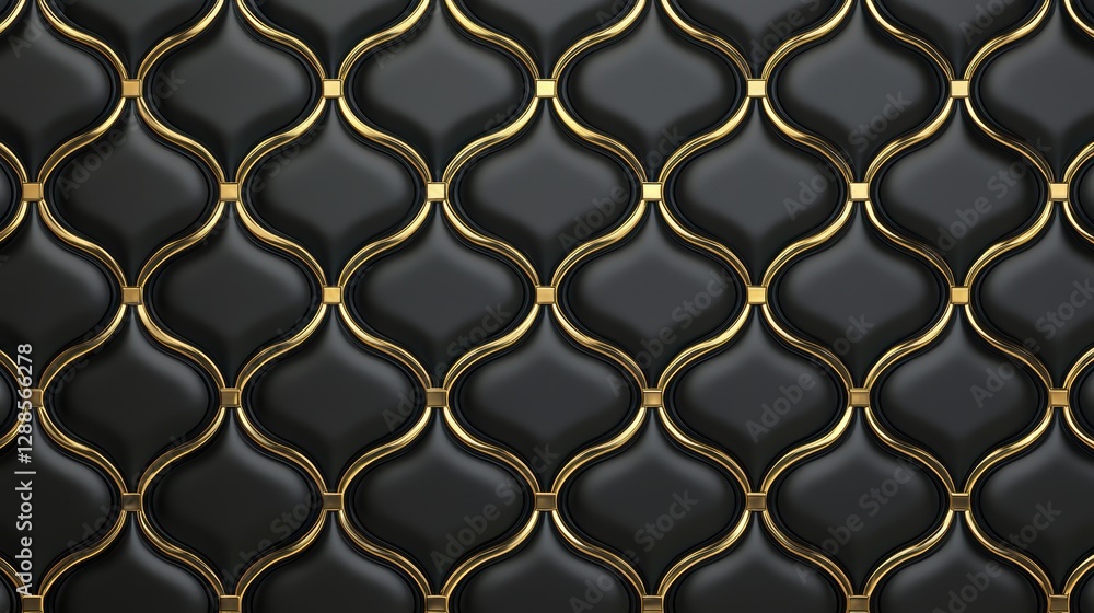 Poster a stylish pattern of interlocking shapes in black and gold, creating a modern and elegant decorative