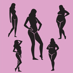 Female Body Silhouettes Vector Set – Diverse Body Shapes and Sizes on Pink Background
