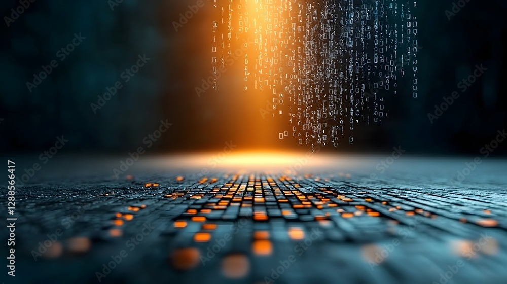 Poster digital matrix code descending in a cascading flow from the edges creating a futuristic sci fi atmos